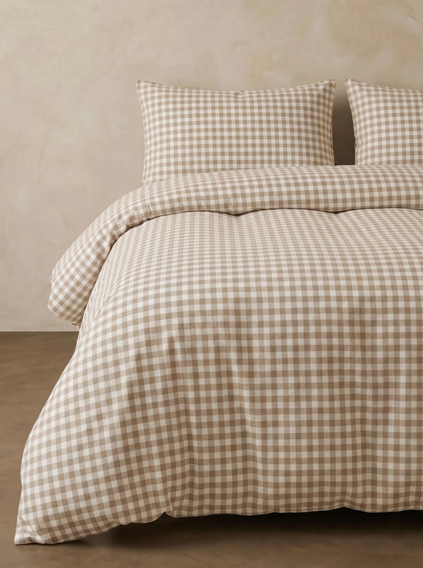 Gingham beddengoedset van geborsteld katoen - Tiramisu Latte