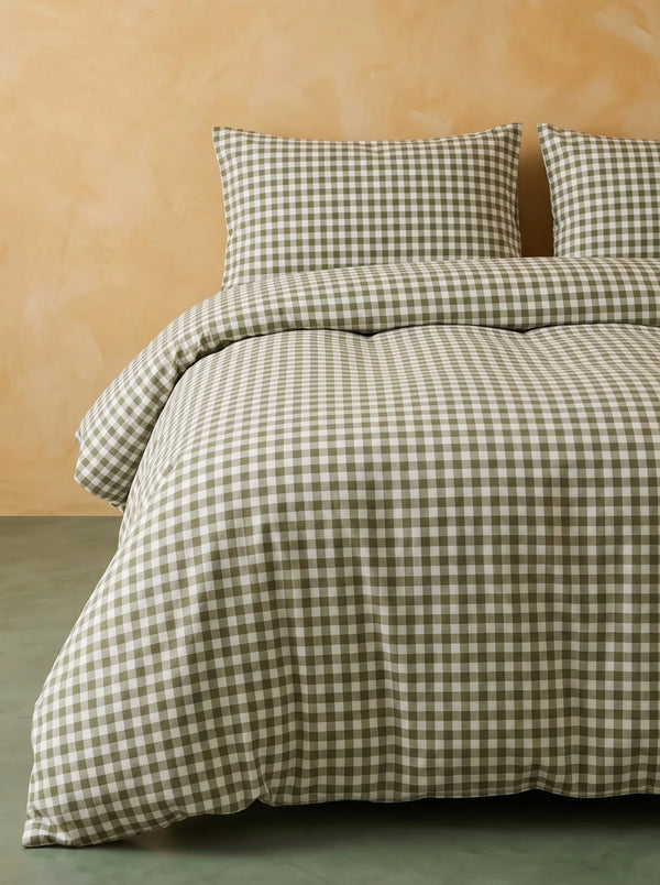 Gingham lakenset van geborsteld katoen - Matcha crème